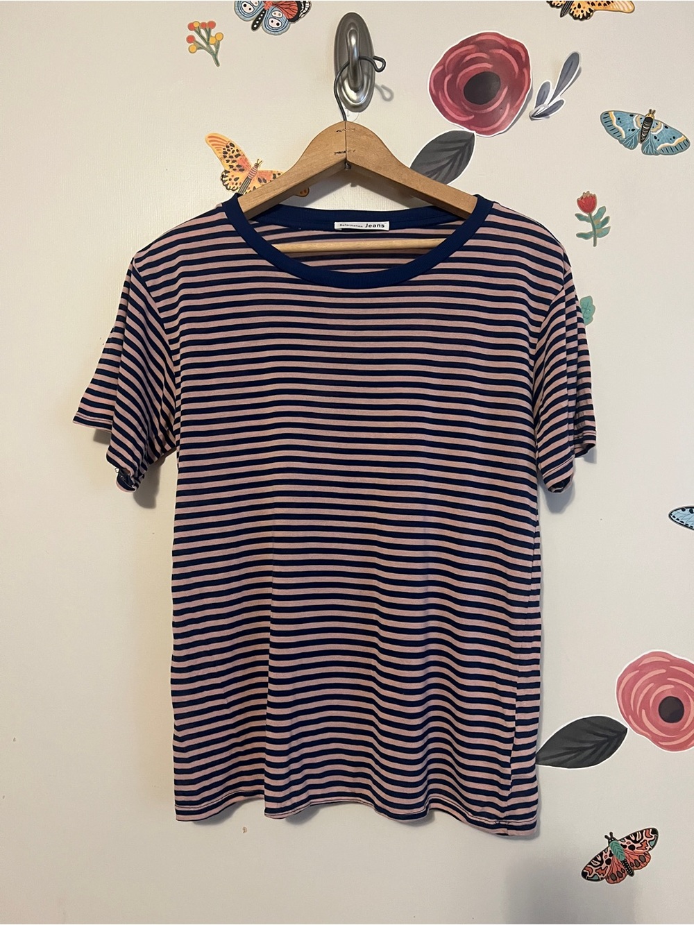 Reformation Semi Sheer Pink and Navy Striped Crewneck Tee M